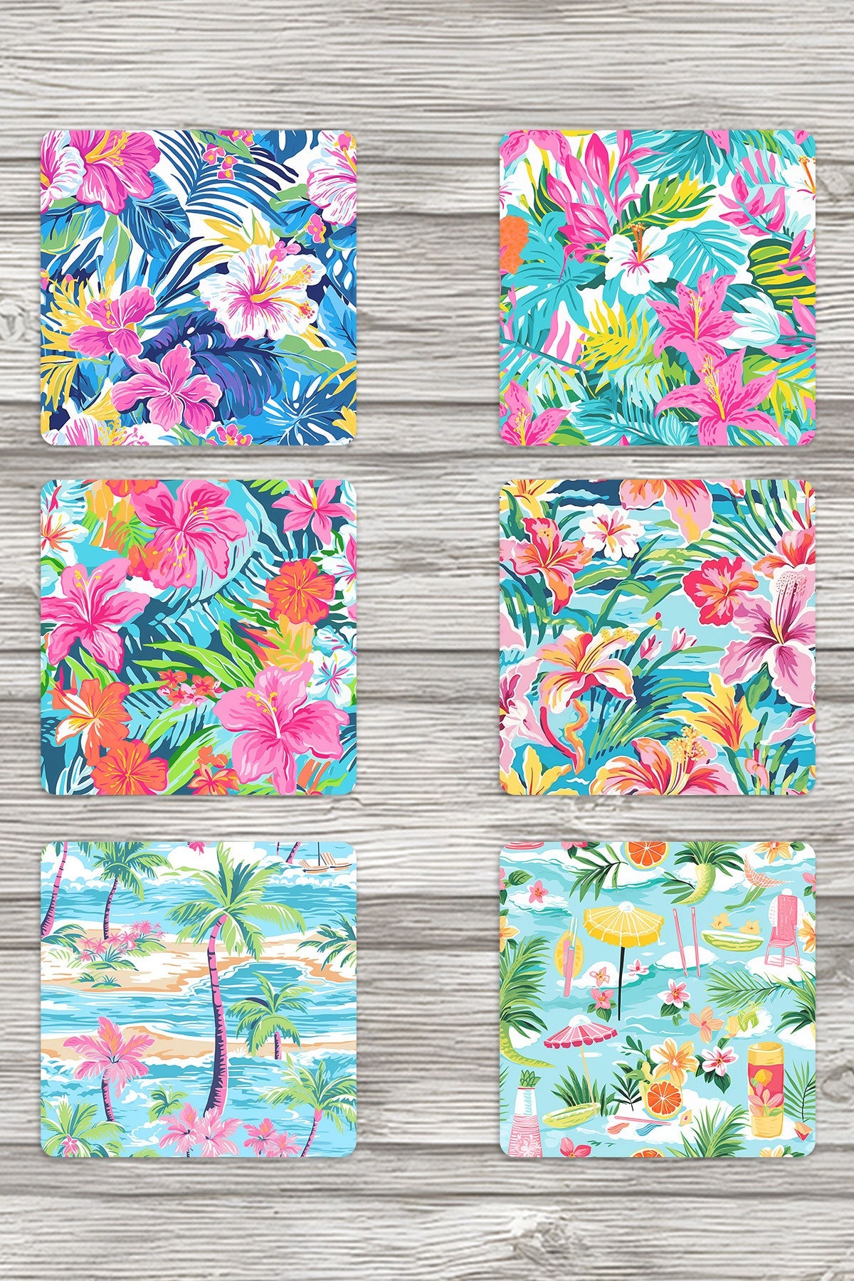 Renkli Tropik Temalı No:1 Baskılı 6'lı Set Dekoratif Ahşap Kare Bardak Altlığı