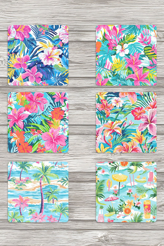 Renkli Tropik Temalı No:1 Baskılı 6'lı Set Dekoratif Ahşap Kare Bardak Altlığı