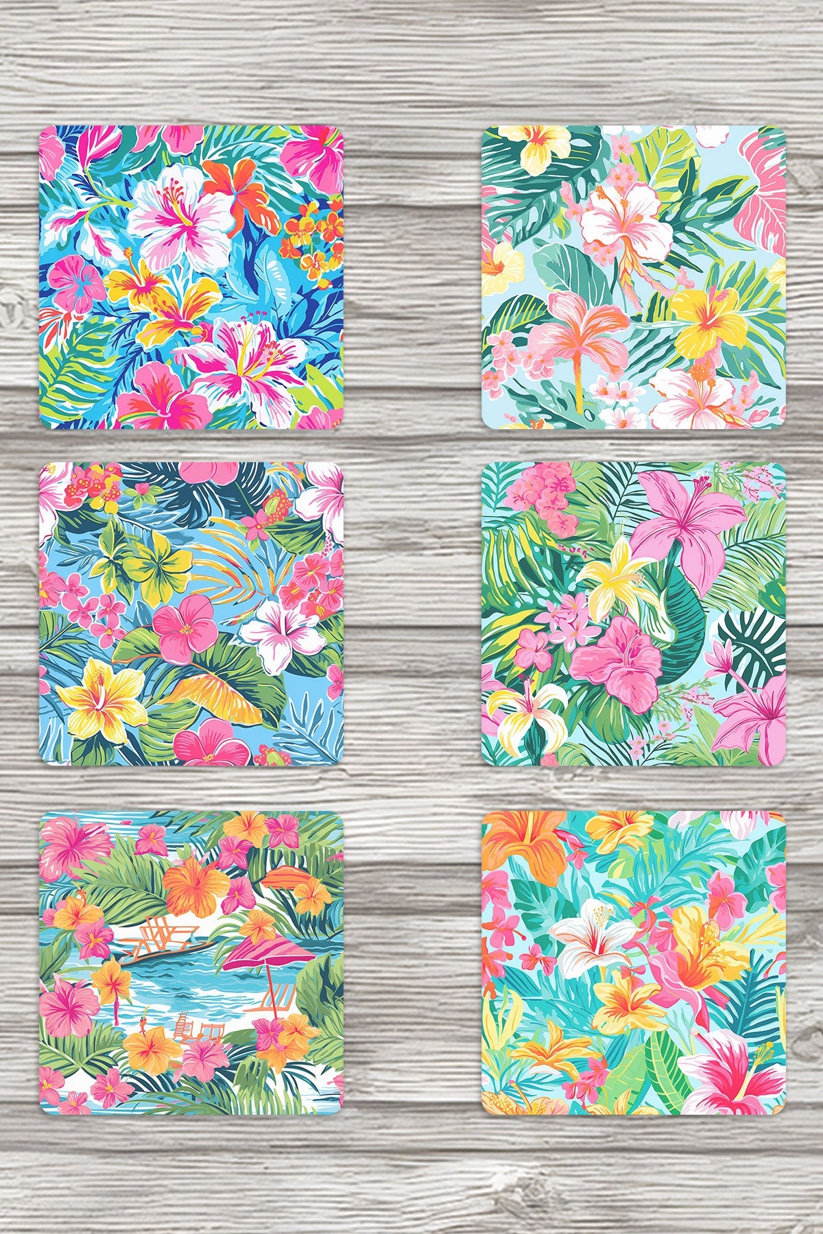 Renkli Tropik Temalı No:2 Baskılı 6'lı Set Dekoratif Ahşap Kare Bardak Altlığı
