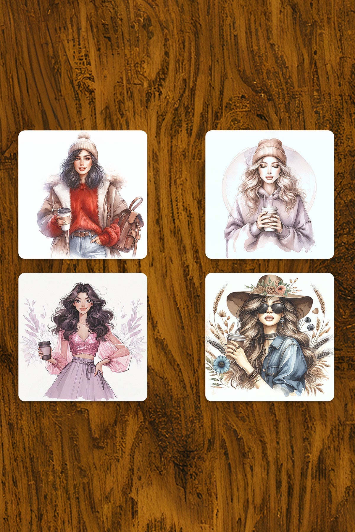 Dört Mevsim Temalı Coffee Girl Baskılı 4'lü Set Dekoratif Ahşap Kare Bardak Altlığı