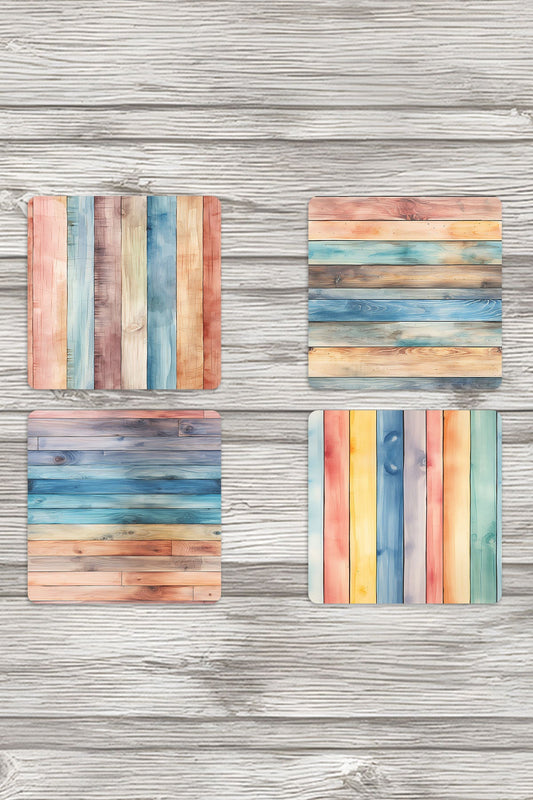 Renkli Ahşaplar No:3 Baskılı 4'lü Set Dekoratif Ahşap Kare Bardak Altlığı