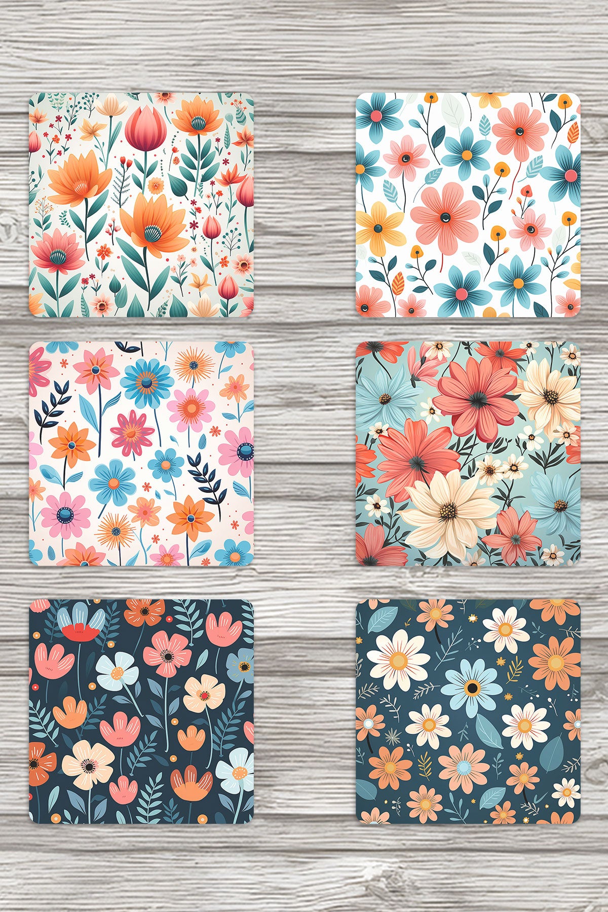 Sevimli Çiçekler No:1 Baskılı 6'lı Set Dekoratif Ahşap Kare Bardak Altlığı