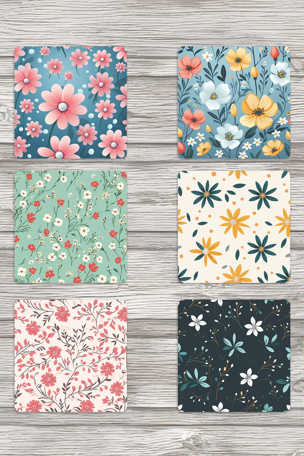 Sevimli Çiçekler No:2 Baskılı 6'lı Set Dekoratif Ahşap Kare Bardak Altlığı