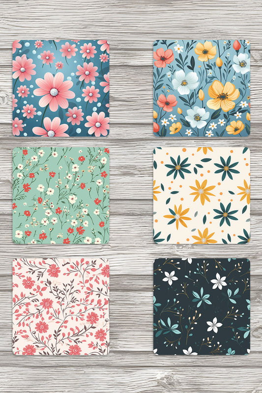 Sevimli Çiçekler No:2 Baskılı 6'lı Set Dekoratif Ahşap Kare Bardak Altlığı