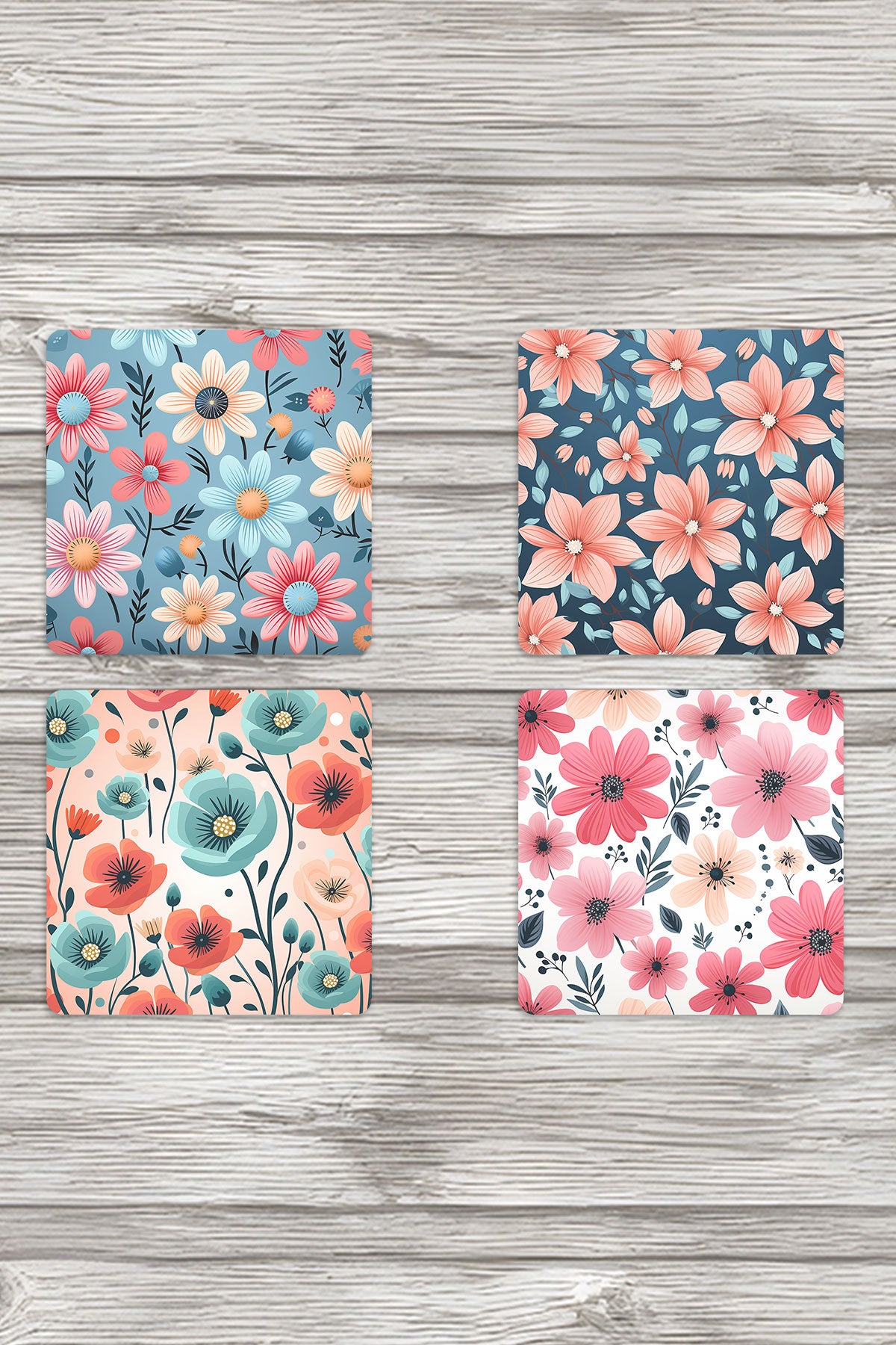 Sevimli Çiçekler No:3 Baskılı 4'lü Set Dekoratif Ahşap Kare Bardak Altlığı