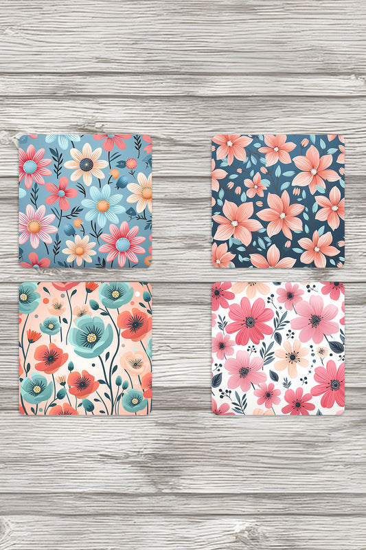 Sevimli Çiçekler No:3 Baskılı 4'lü Set Dekoratif Ahşap Kare Bardak Altlığı