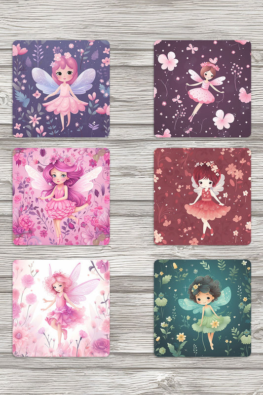 Sevimli Peri No:1 Baskılı 6'lı Set Dekoratif Ahşap Kare Bardak Altlığı