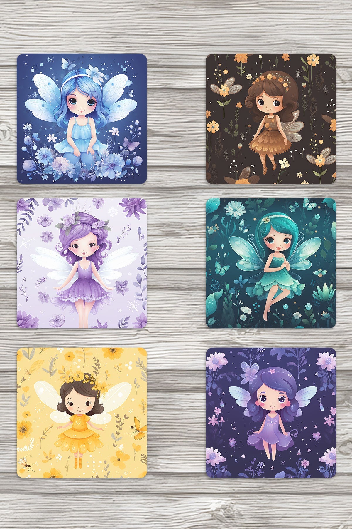 Sevimli Peri No:2 Baskılı 6'lı Set Dekoratif Ahşap Kare Bardak Altlığı