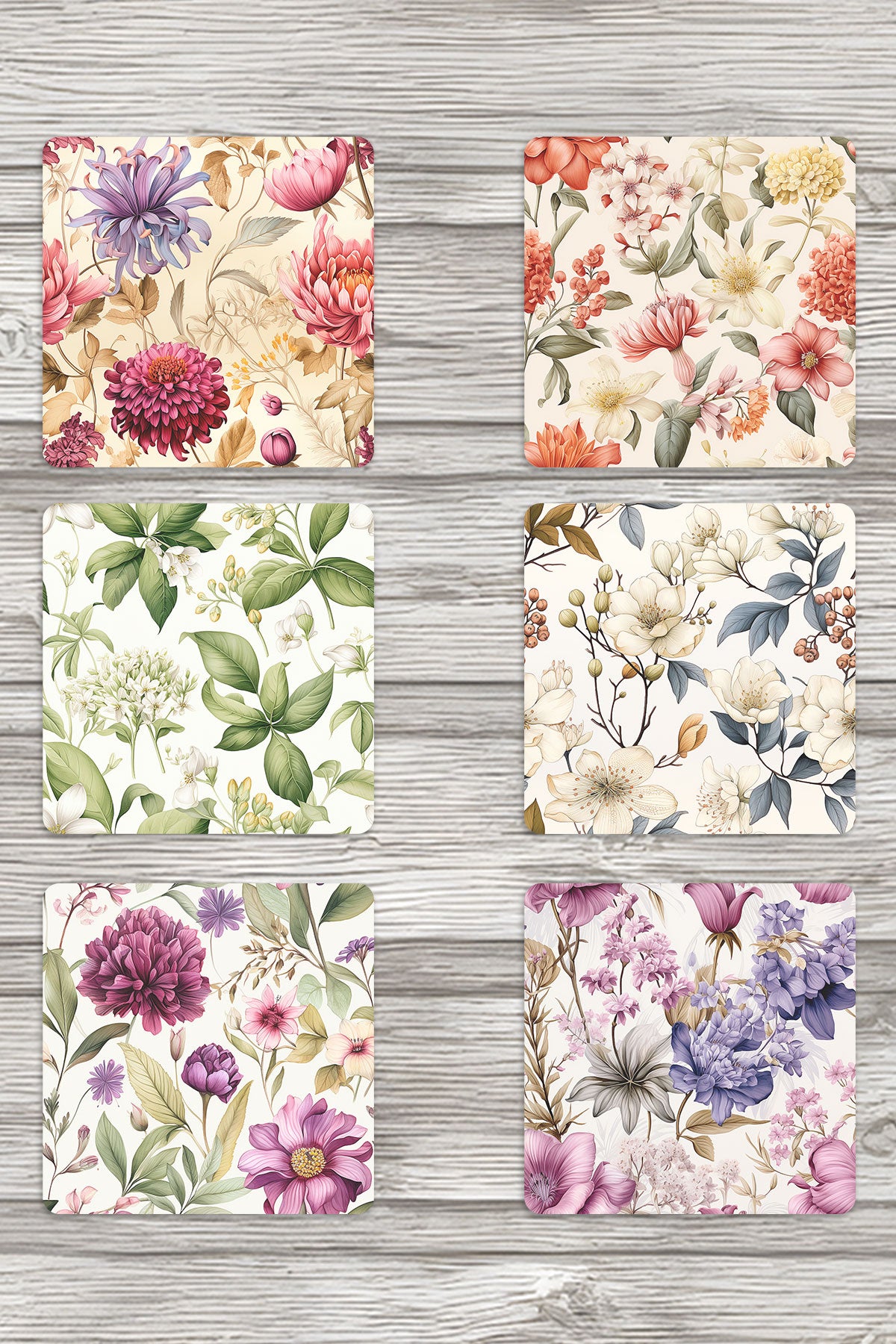 Sonbahar Botanik Çiçekler No:2 Baskılı 6'lı Set Dekoratif Ahşap Kare Bardak Altlığı