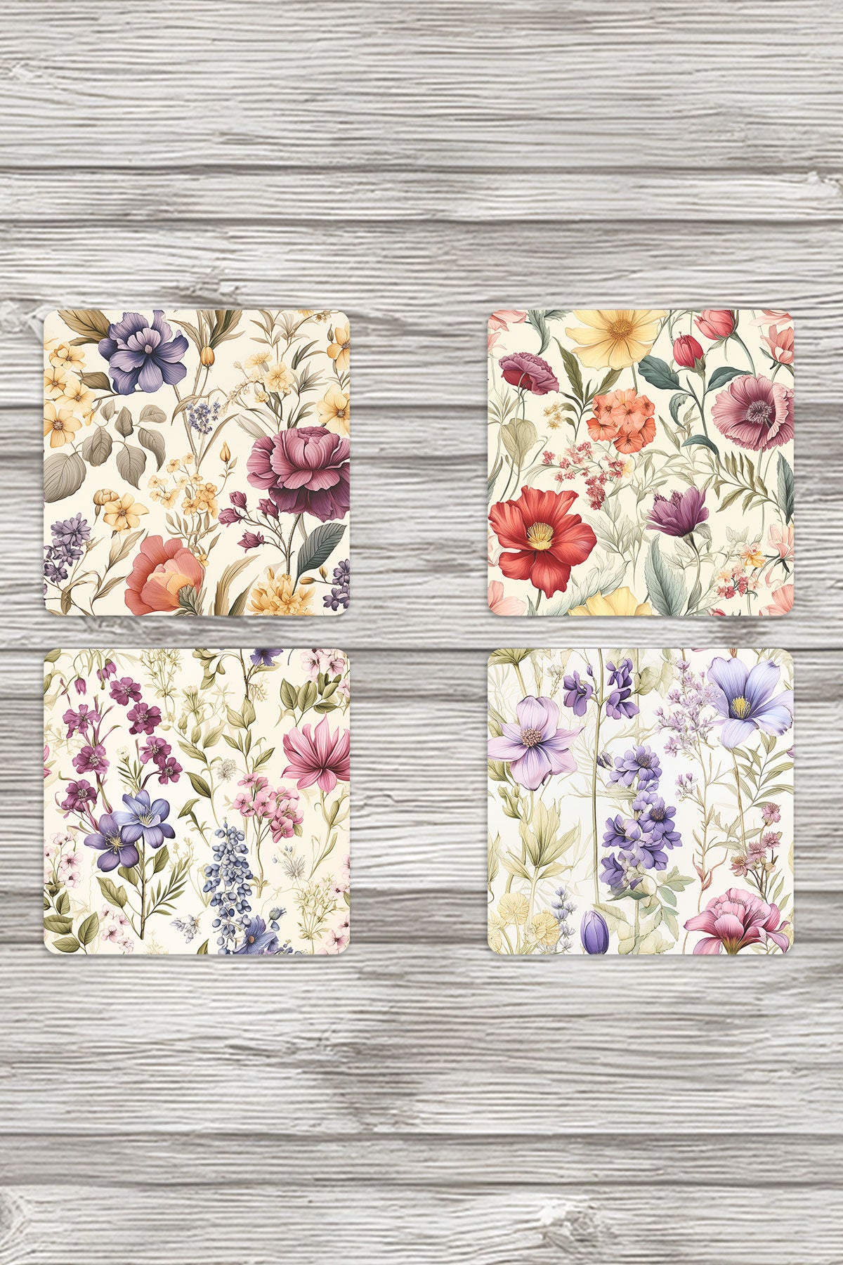 Sonbahar Botanik Çiçekler No:3 Baskılı 4'lü Set Dekoratif Ahşap Kare Bardak Altlığı