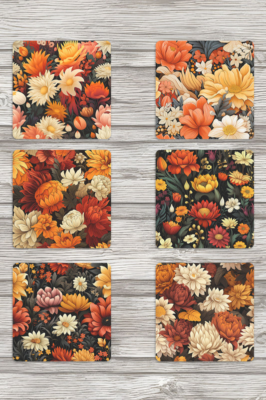 Sonbahar Çiçekleri No:1 Baskılı 6'lı Set Dekoratif Ahşap Kare Bardak Altlığı