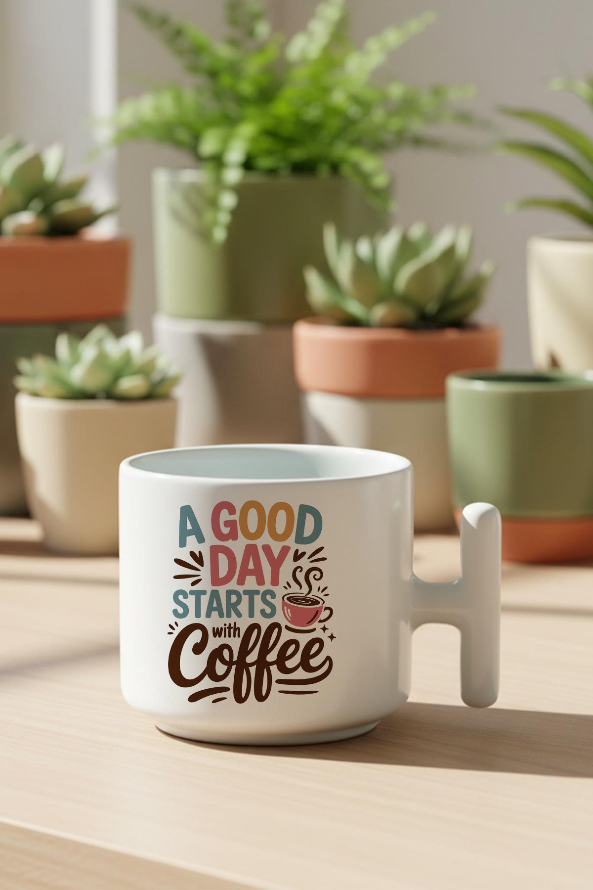 A Good Day Start With Coffee Baskılı Hediyelik T Kulplu Latte Fincanı Kupa Bardak