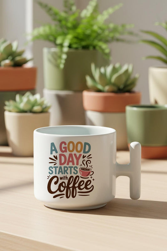 A Good Day Start With Coffee Baskılı Hediyelik T Kulplu Latte Fincanı Kupa Bardak