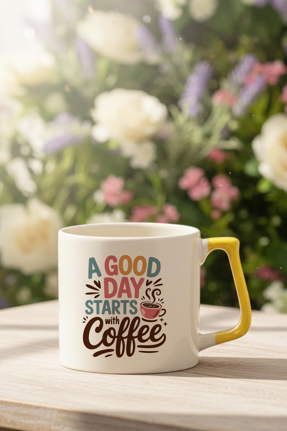 A Good Day Start With Coffee Baskılı Sarı D Kulplu Kupa Bardak