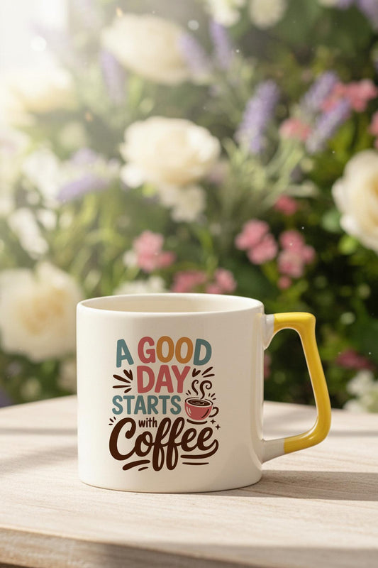A Good Day Start With Coffee Baskılı Sarı D Kulplu Kupa Bardak