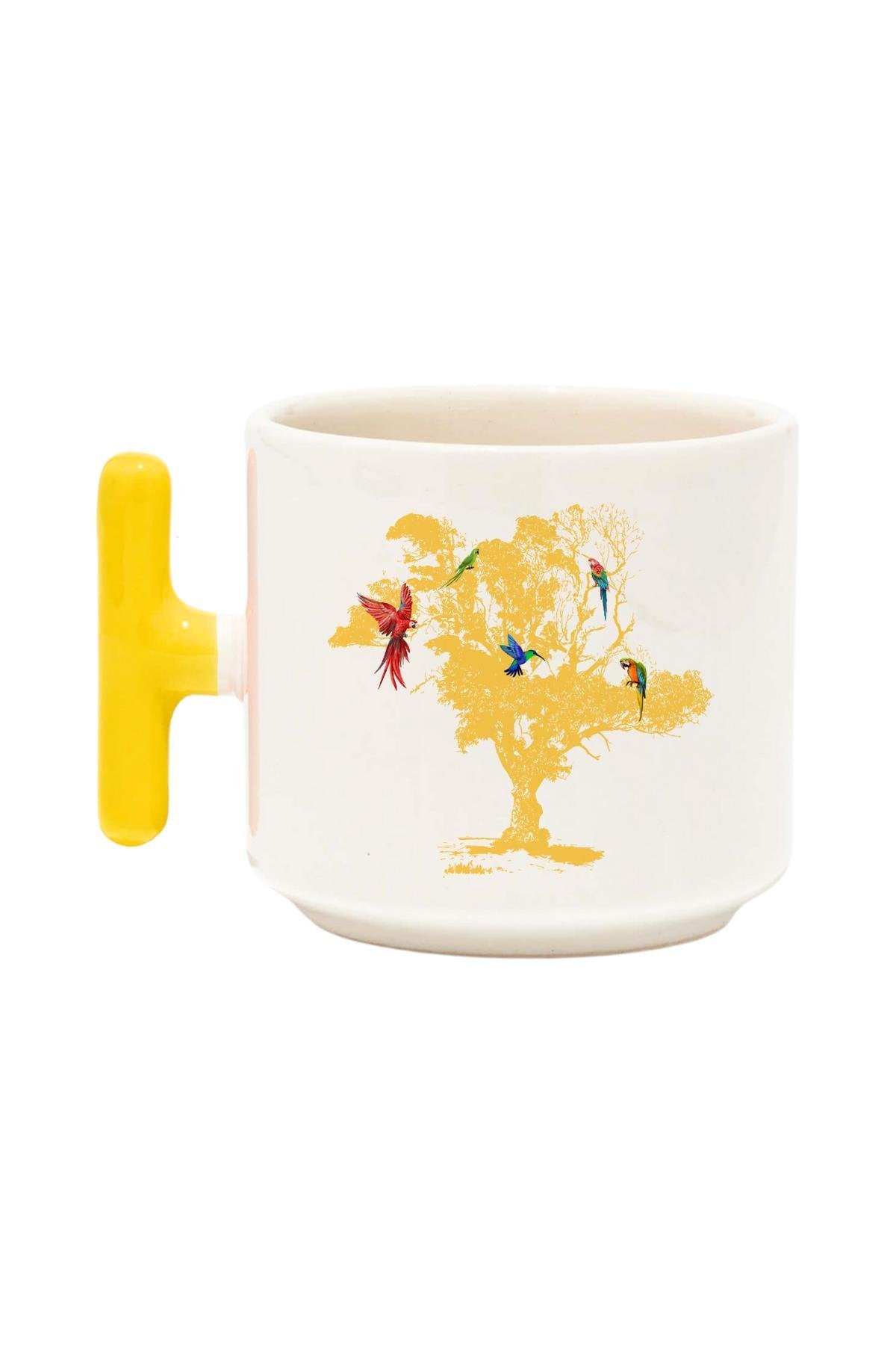 Ağaç Dallarında Papağanlar Baskılı Renkli T Kulplu Hediyelik Latte Fincanı Kupa Bardak