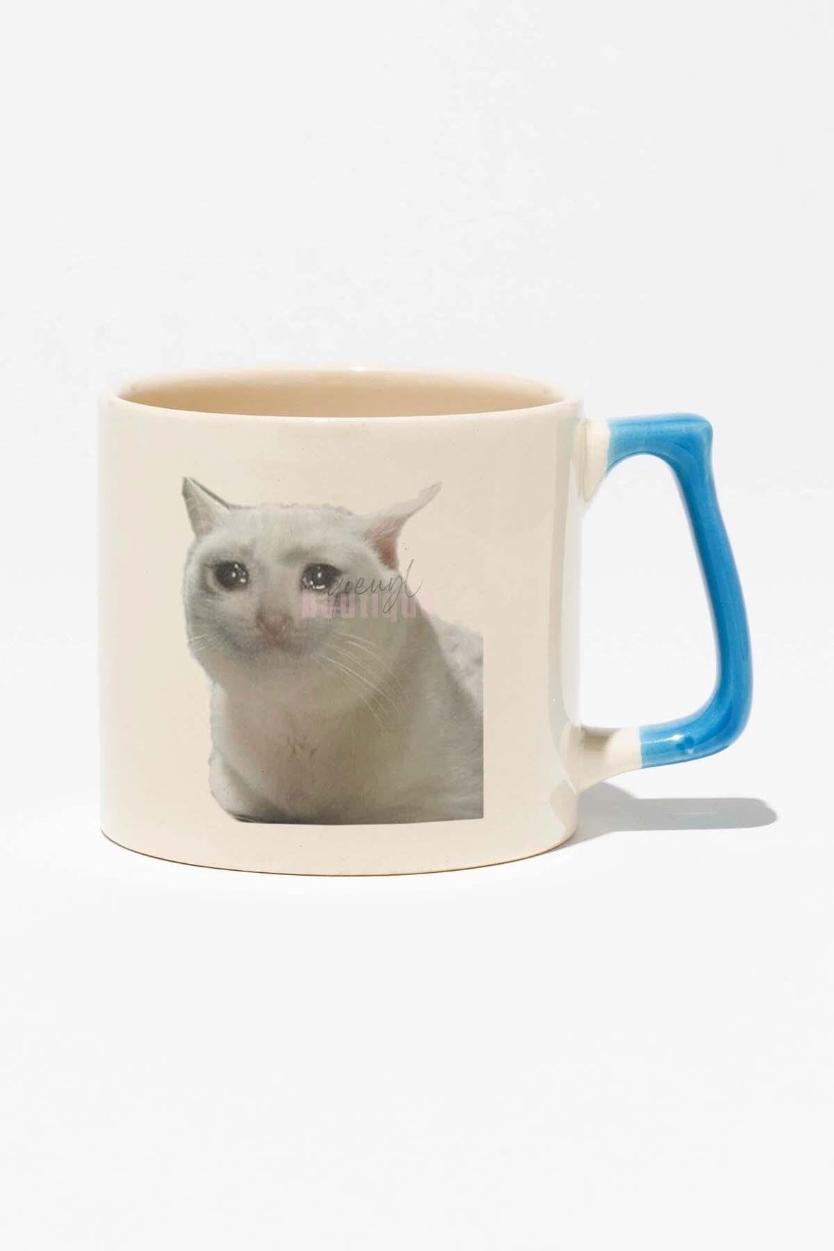 Ağlayan Kedi Meme Eğlenceli Komik Hediye Baskılı Mavi Kulplu Modern Seramik Kupa