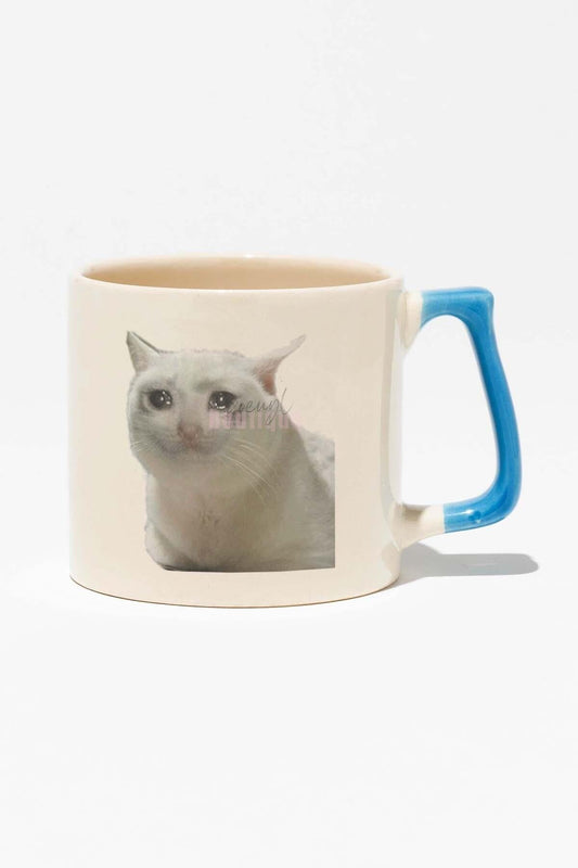 Ağlayan Kedi Meme Eğlenceli Komik Hediye Baskılı Mavi Kulplu Modern Seramik Kupa