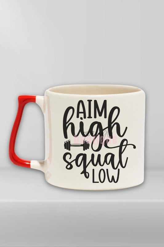 Aim High Squat Low Yazılı Gym Spor Squat Motivasyonu Hediyelik Kulplu Kupa Bardak