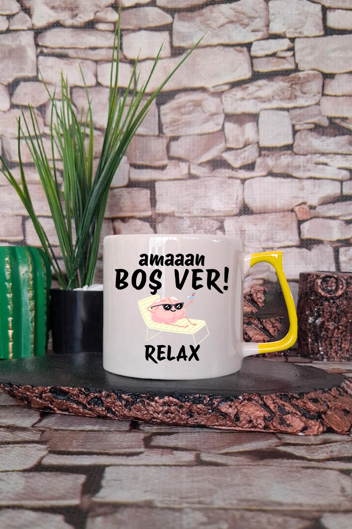 Aman Boşver Yazı Baskılı Eş, Arkadaşa Hediyelik Renkli Kulplu Fincan-Kupa Bardak