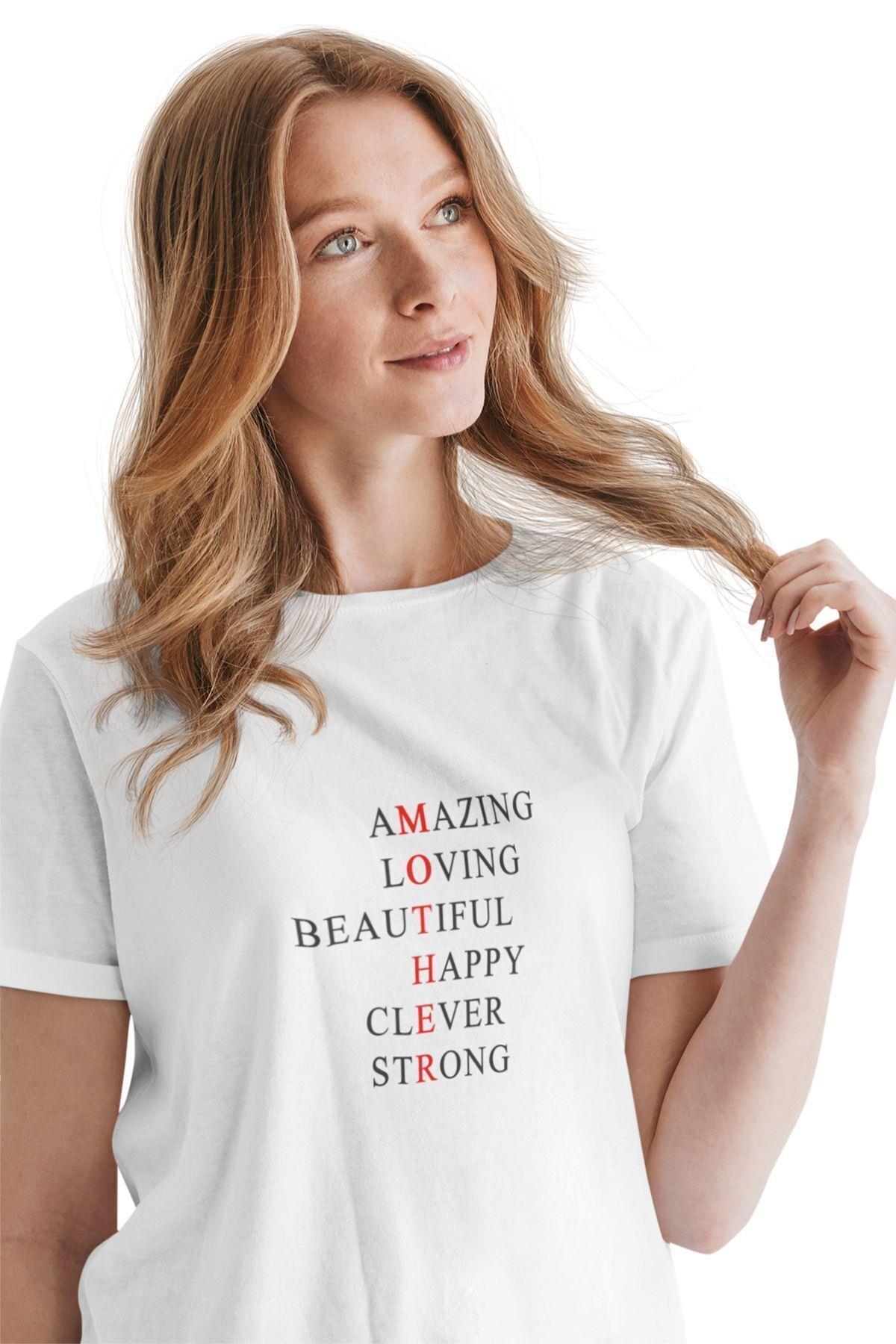 Amazing Anne Baskılı Anneler Günü Hediyelik Eğlenceli Beyaz Unisex T-Shirt