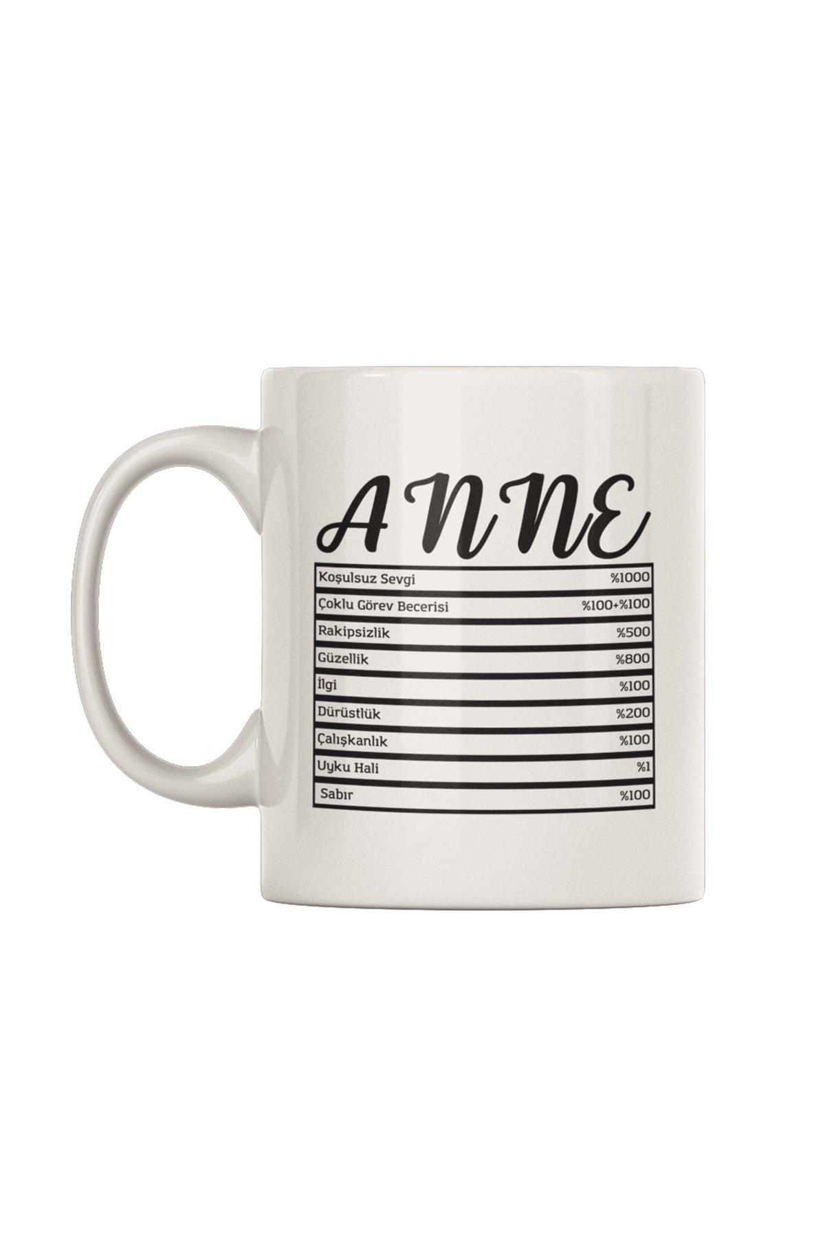 Anne-Anne Özellikleri-Nutrition Facts-Baskılı Anneler Gününe Anneye Özel Hediyelik Kupa Bardak