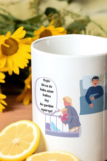Anne-Baba Adam-Bebek Baskılı Eğlenceli Komik Hediyelik Beyaz Kupa Bardak