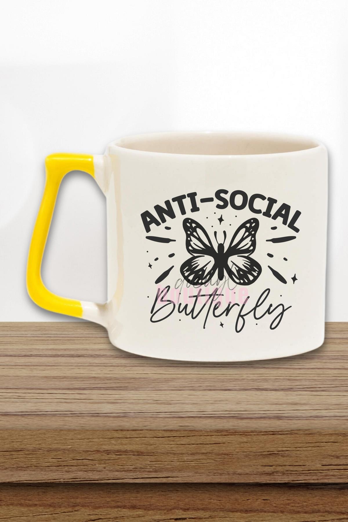 Anti Social Butterfly Baskılı Komik Anti Sosyal Kelebek Hediyelik Kulplu Kupa Bardak