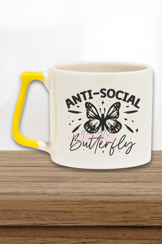 Anti Social Butterfly Baskılı Komik Anti Sosyal Kelebek Hediyelik Kulplu Kupa Bardak