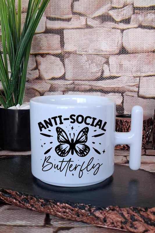 Anti Social Butterfly Baskılı Komik Hediye Baskılı T Kulplu Latte Fincanı Kupa Bardak