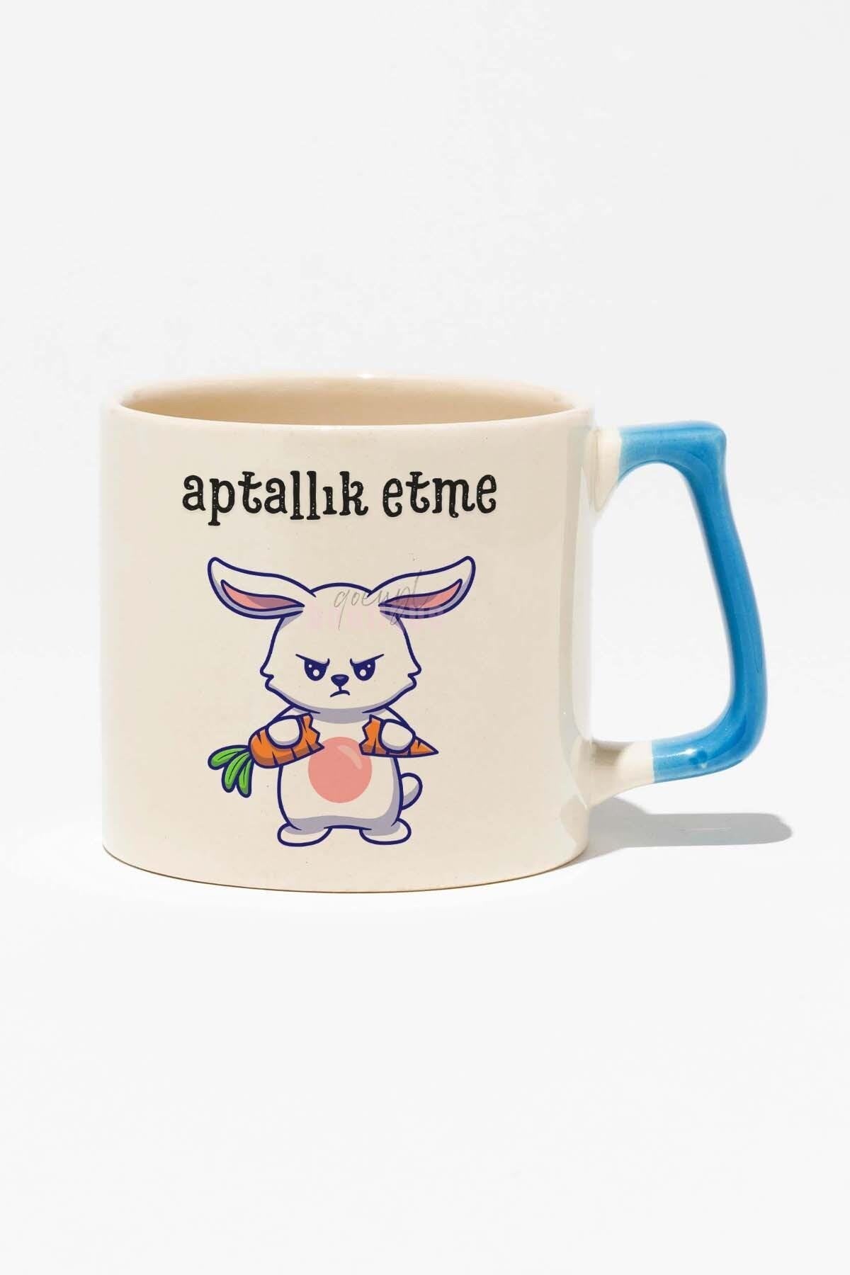 Aptallık Etme-Tavşan Eğlenceli Komik Hediyelik Beyaz Baskılı Mavi Kulplu Modern Seramik Kupa