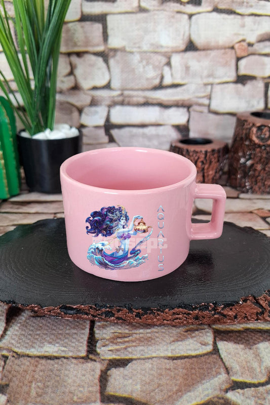 Aquarius İlüstrasyon Baskılı Kova Burcu Astroloji Kare Kulplu Fincan Pembe Kupa Bardak