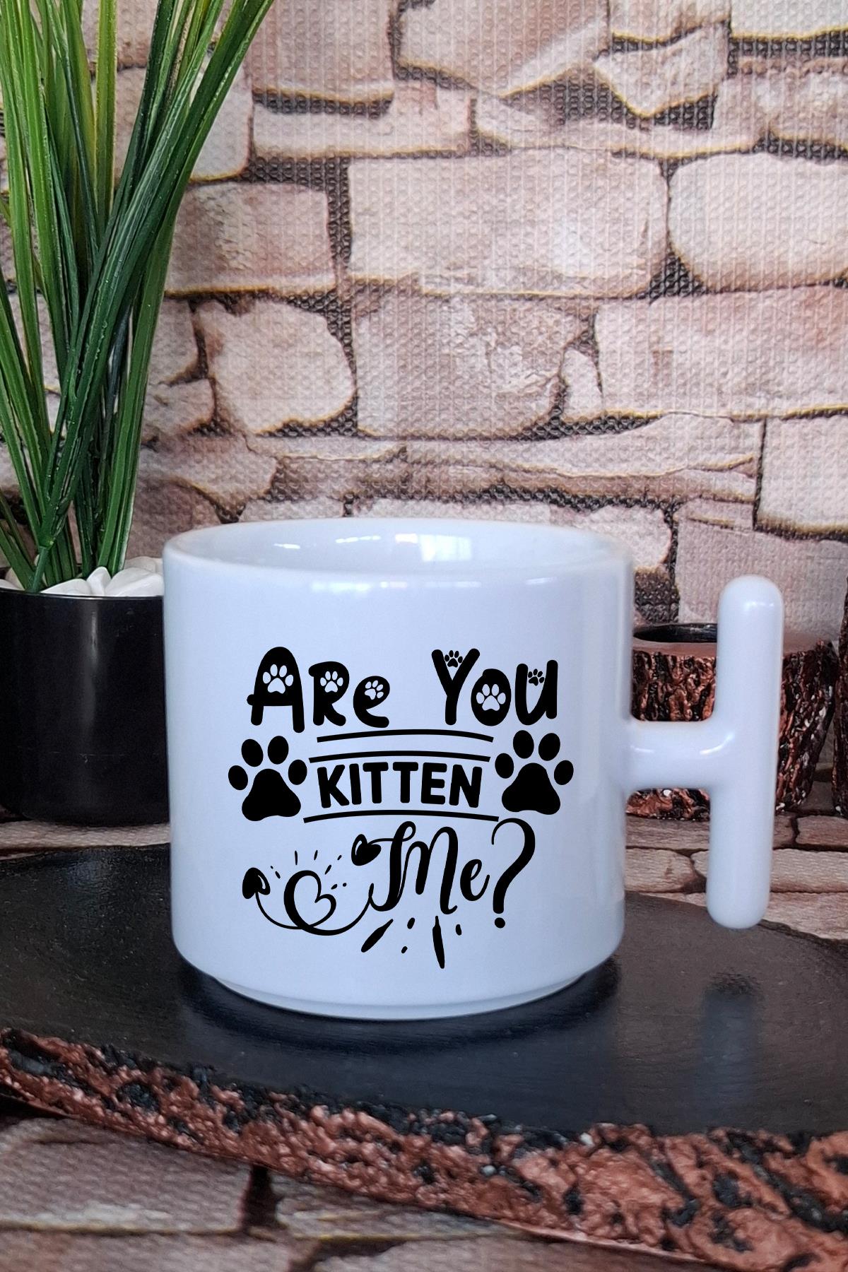 Are You Kitten Me Yazılı Komik Kedisever Hediyelik Baskılı T Kulplu Latte Fincanı Kupa Bardak