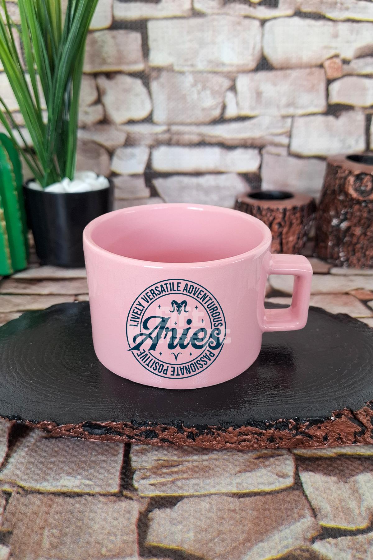 Aries Traits Baskılı Koç Burcu Kare Kulplu Fincan Mavi Kupa Bardak