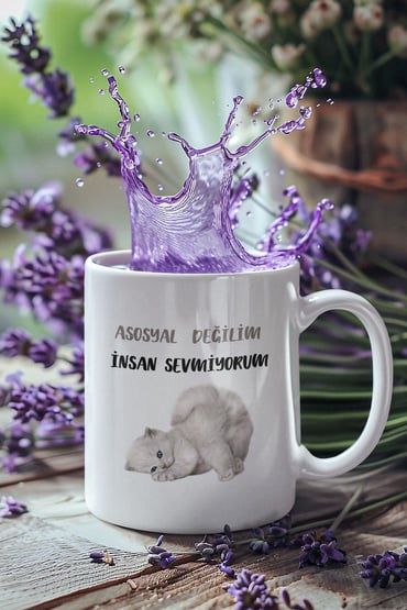 Asosyal Değilim İnsan Sevmiyorum-2-Kedi Baskılı Hediyelik Eğlenceli Sevimli Beyaz Kupa Bardak