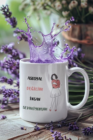 Asosyal Değilim İnsan Sevmiyorum-6 Baskılı Hediyelik Eğlenceli Sevimli Beyaz Kupa Bardak