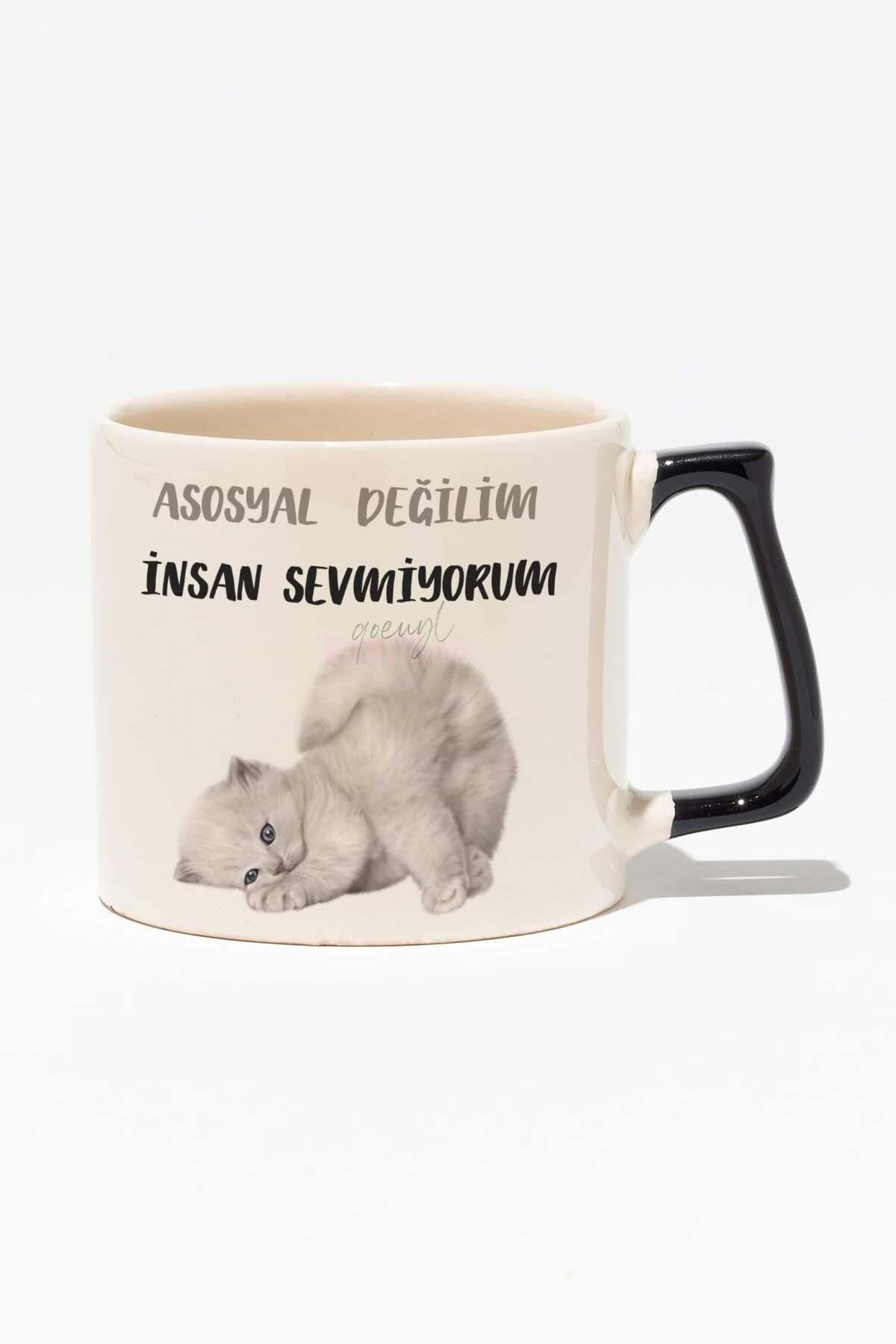 Asosyal Değilim İnsan Sevmiyorum Kedi Hediyelik Eğlenceli Baskılı Siyah Kulplu Modern Seramik Kupa