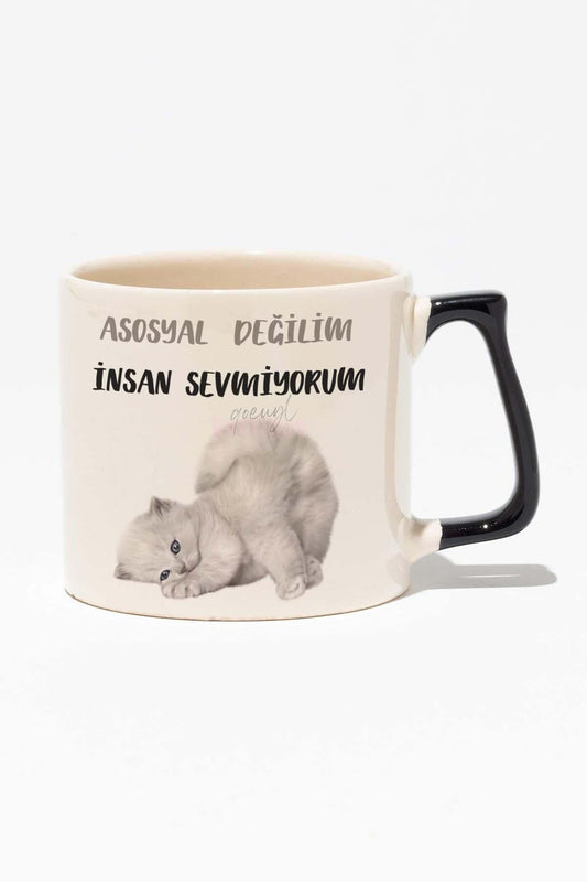Asosyal Değilim İnsan Sevmiyorum Kedi Hediyelik Eğlenceli Baskılı Siyah Kulplu Modern Seramik Kupa