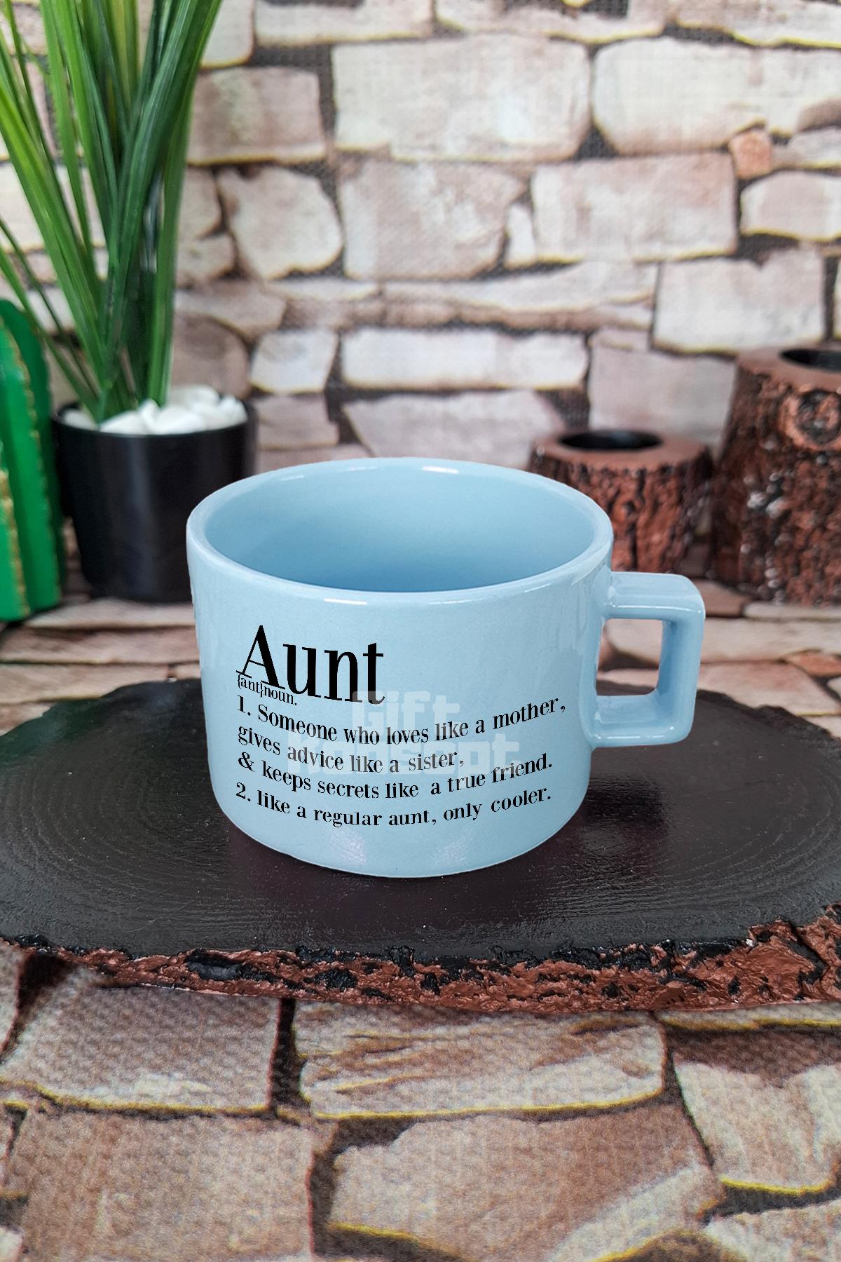 Aunt Desenli Baskılı Modern Hala Teyze Kare Kulplu Fincan Mavi Kupa Bardak