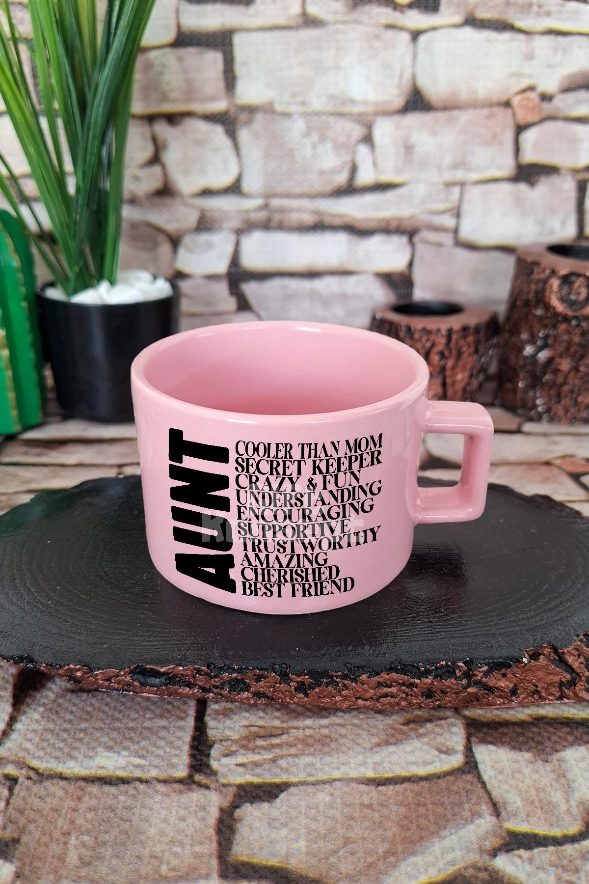 Aunt Temalı Baskılı Havalı Hala Teyze Kare Kulplu Fincan Mavi Kupa Bardak