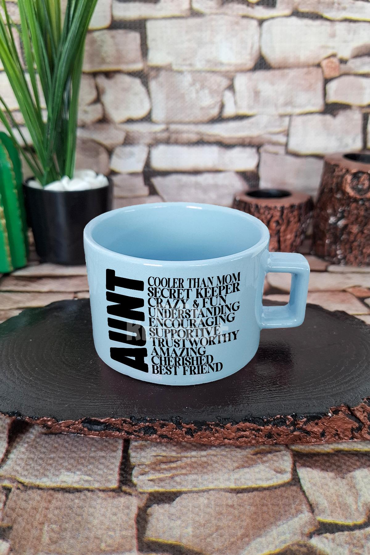 Aunt Temalı Baskılı Havalı Hala Teyze Kare Kulplu Fincan Mavi Kupa Bardak