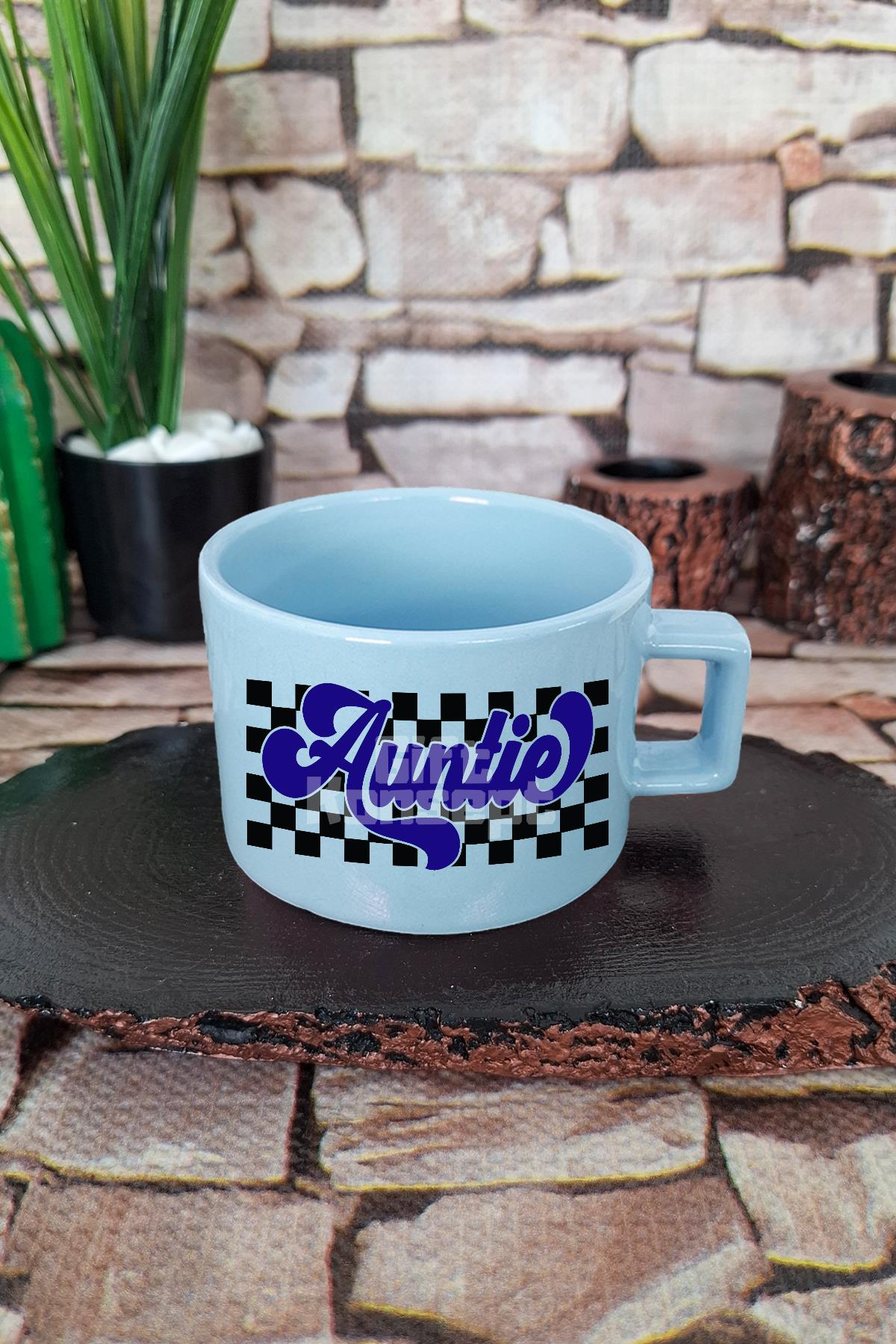 Auntie Baskılı Hala Teyze Kare Kulplu Fincan Mavi Kupa Bardak