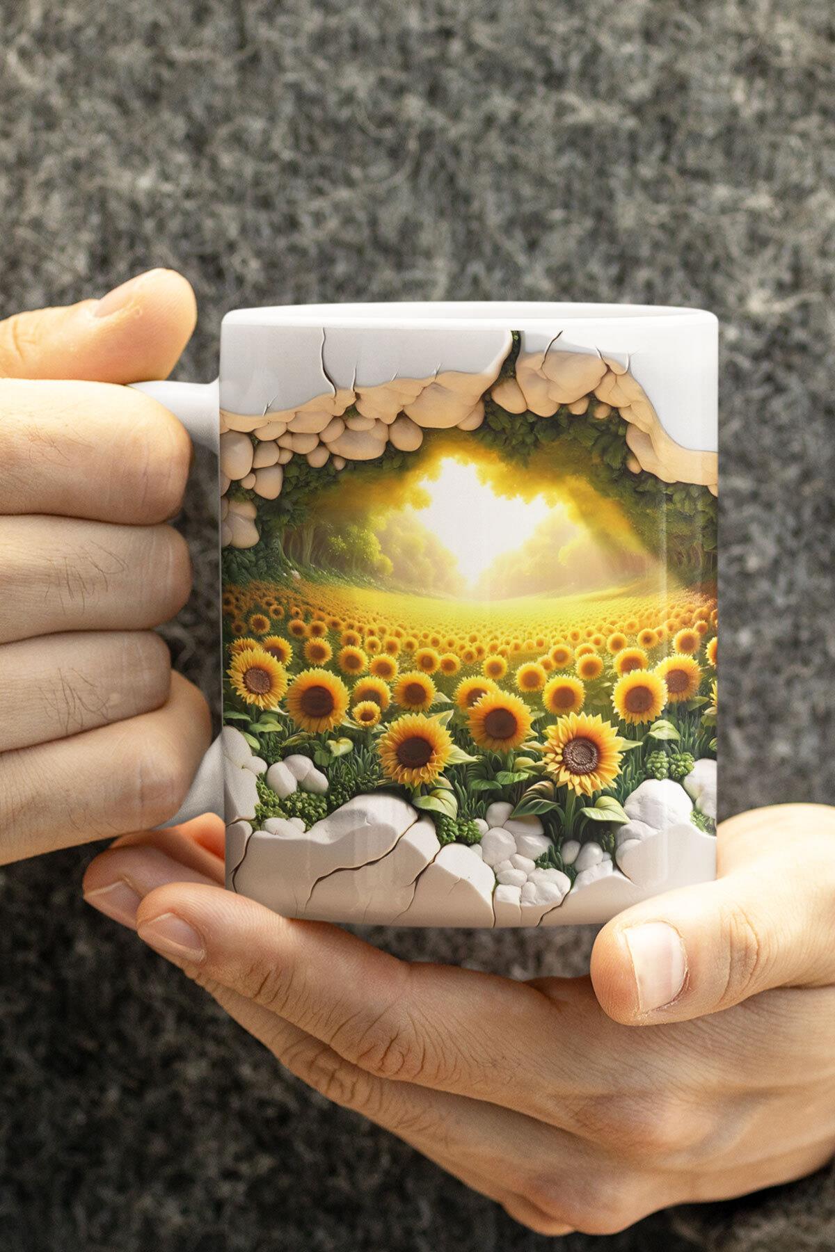 Ayçiçeği Tarlası Manzaralı 3D Tasarım Görünümlü Baskılı Kupa Bardak Mug