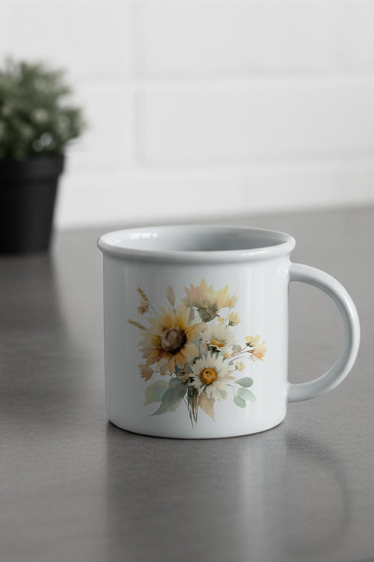 Ayçiçekleri Sonbahar Teması No:1 Baskılı Enamel Görünümlü Seramik Vintage Kupa Bardak