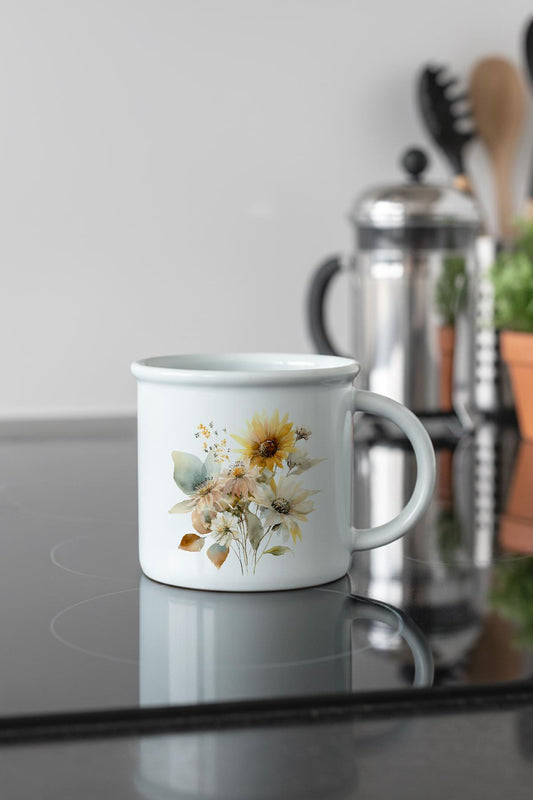 Ayçiçekleri Sonbahar Teması No:2 Baskılı Enamel Görünümlü Seramik Vintage Kupa Bardak