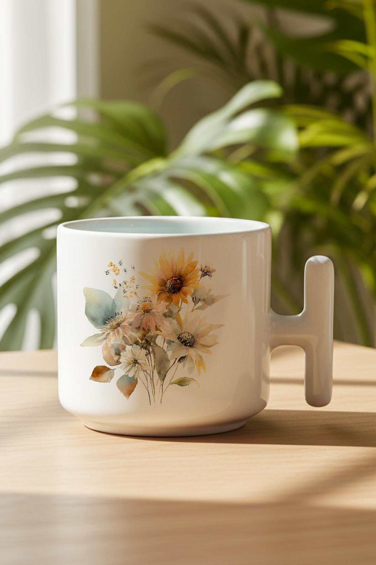 Ayçiçekleri Sonbahar Teması No:2 Baskılı Hediyelik T Kulplu Latte Fincanı Kupa Bardak