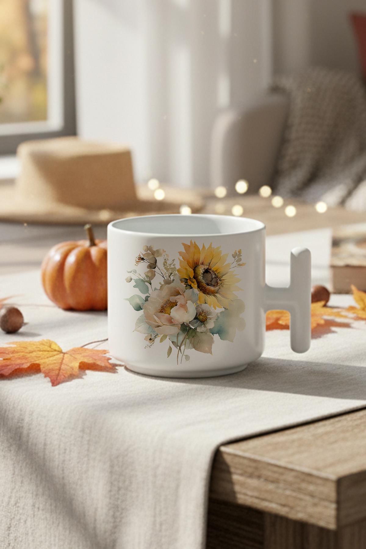 Ayçiçekleri Sonbahar Teması No:3 Baskılı Hediyelik T Kulplu Latte Fincanı Kupa Bardak