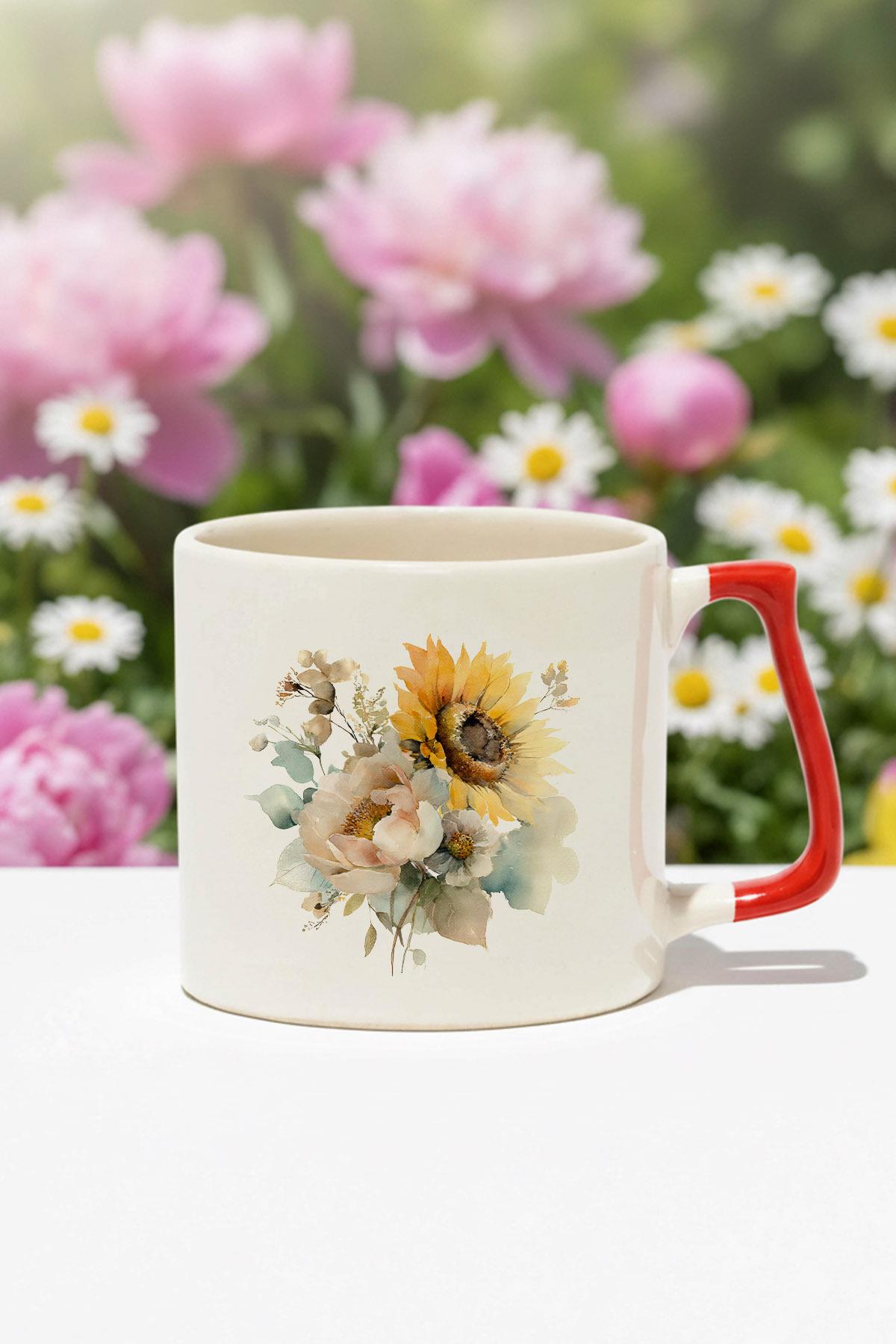 Ayçiçekleri Sonbahar Teması No:3 Baskılı Kırmızı D Kulplu Kupa Bardak