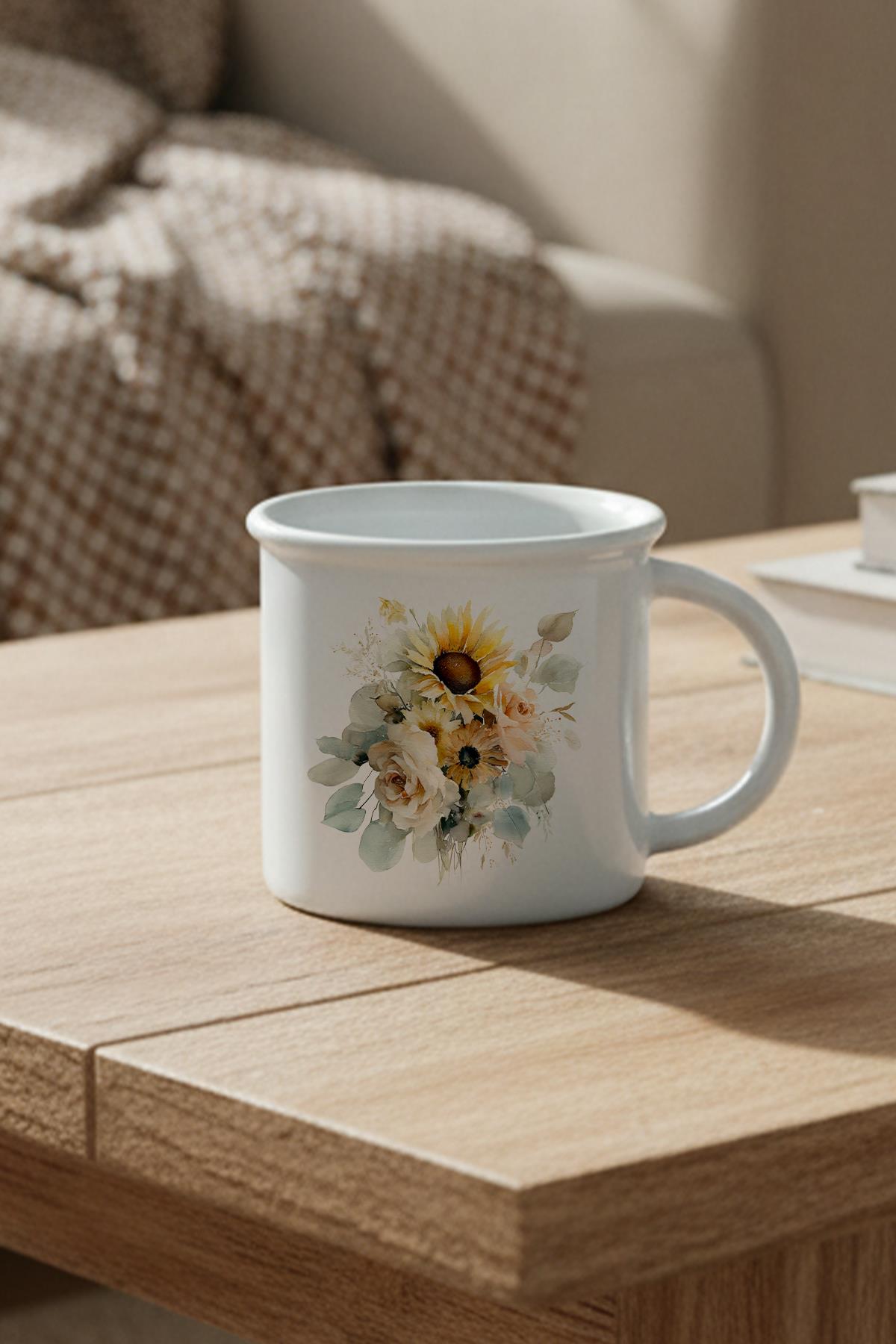 Ayçiçekleri Sonbahar Teması No:4 Baskılı Enamel Görünümlü Seramik Vintage Kupa Bardak