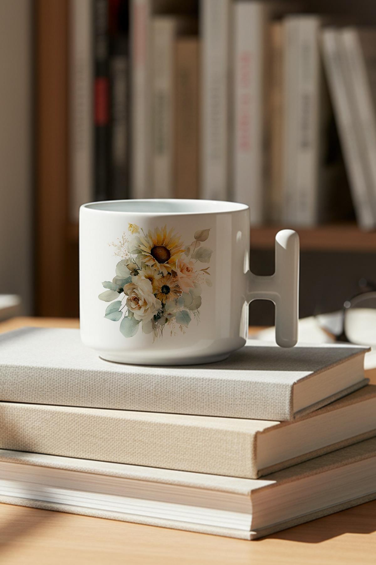 Ayçiçekleri Sonbahar Teması No:4 Baskılı Hediyelik T Kulplu Latte Fincanı Kupa Bardak